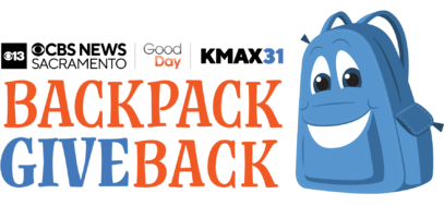 Smiling blue backpack with Backpack Give Back and news station logos on a white background.