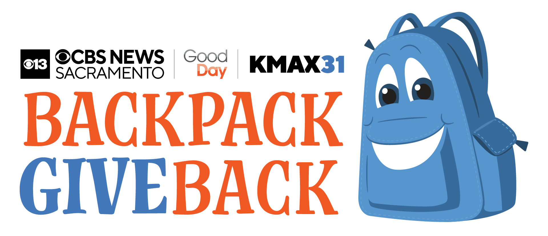 Smiling blue backpack with Backpack Give Back and news station logos on a white background.
